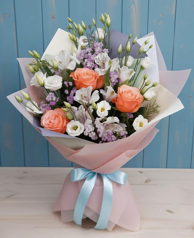 Букет цветов из: Лизиантусы, Розы, Альстромерии и Гипсофила в Панкрушихе