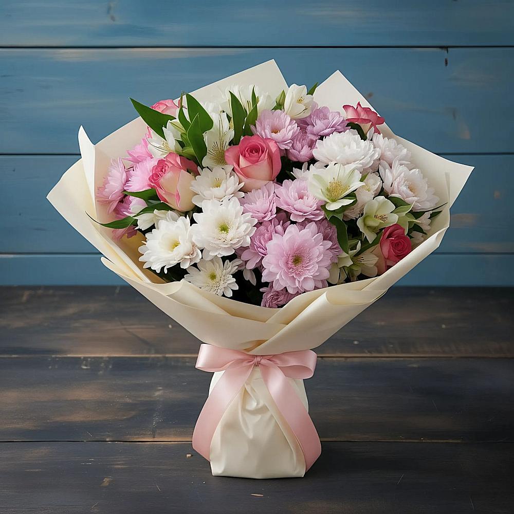 Букет цветов из: Хризантемы, Альстромерии и Розы в Панкрушихе